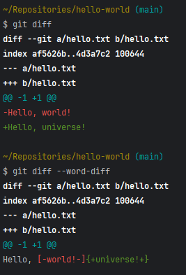 The output of git diff compared to git diff --word-diff. The latter can be more readable when only some minor parts within lines are different.