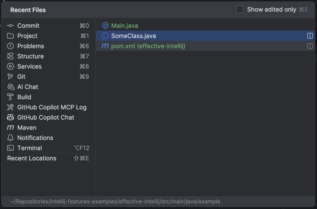 Screenshot: The "Recent Files" dialog in IntelliJ