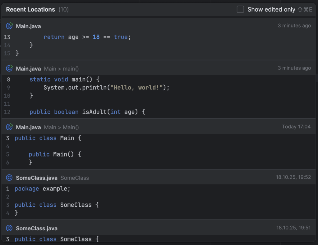 Screenshot: The "Recent Locations" dialog in IntelliJ