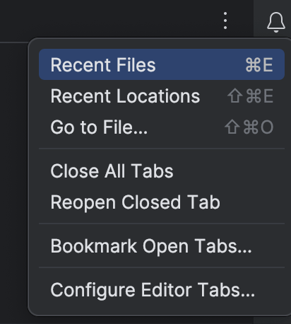 Screenshot: The "Recent Files" and "Recent Locations" dialogs can also be opend from the kebab menu at the end of the tab bar