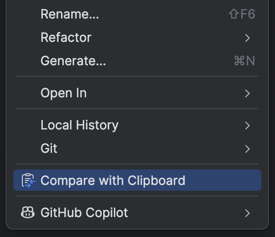 Screenshot: The "Compare with Clipboard" option in the right-click menu