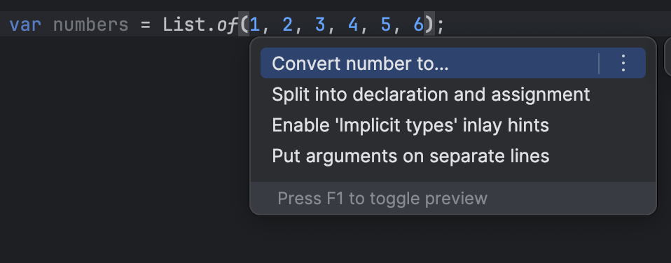 Screenshot: The context actions menu before filtering