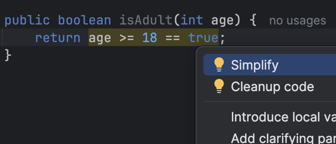 Screenshot: The context action for simplifying a boolean expression
