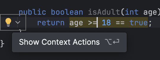 Screenshot: The lightbulb icon in IntelliJ opens the context actions menu